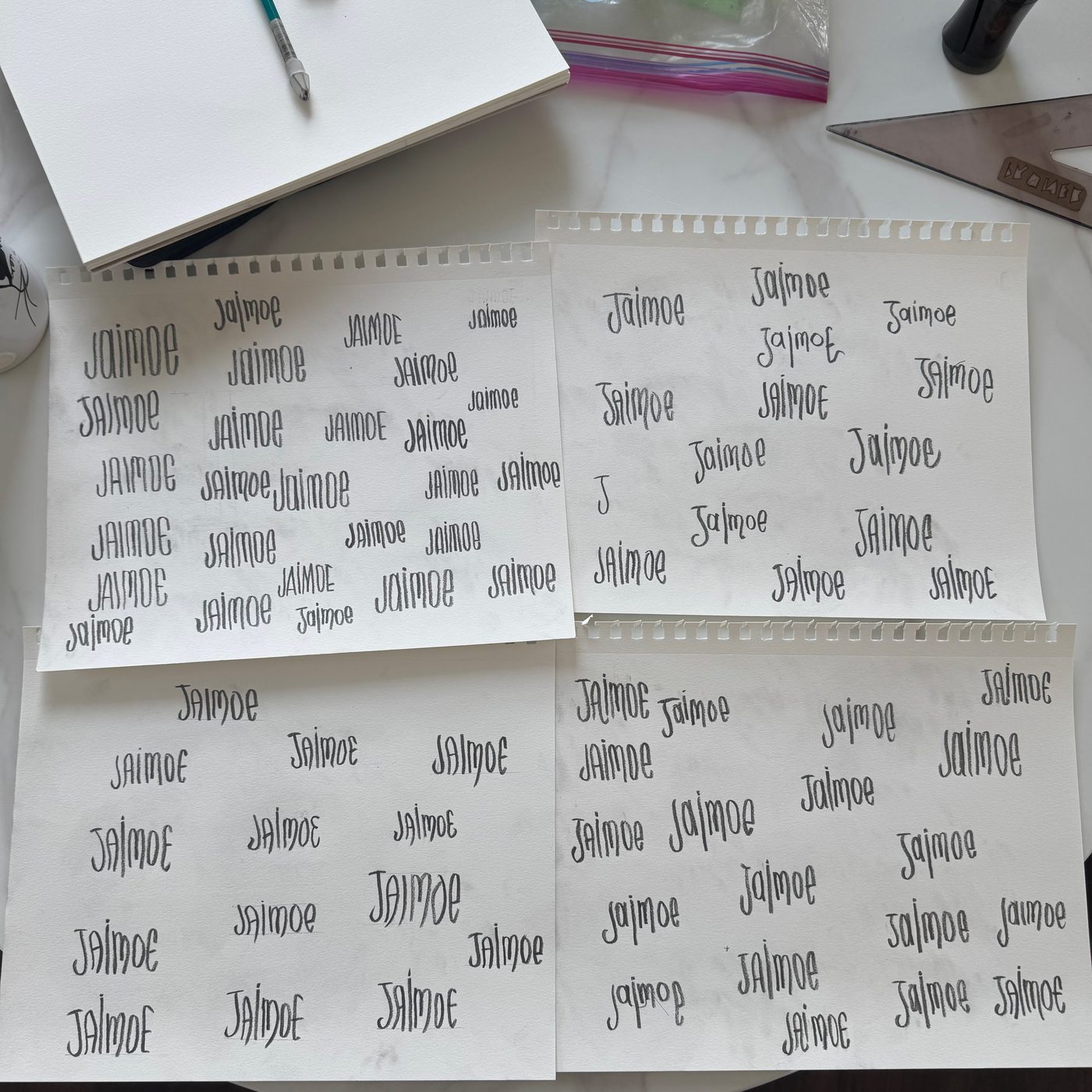 Jaimoe wordmark — hand lettering sketches